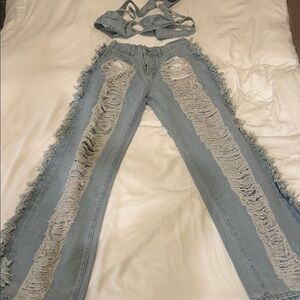 Denim Fringe Tie up Bandeau + Light Blue Distressed Fringe Women’s Jeans Set